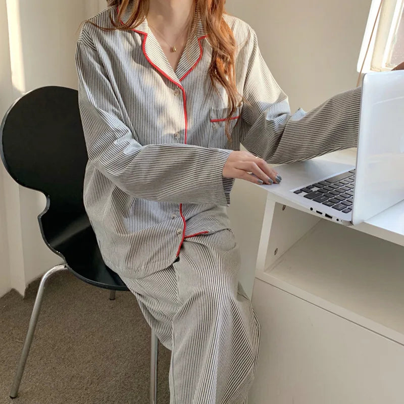 Women's Long Sleeve Stripe Print Pyjama Set Comfortable Lounge Wear 0
