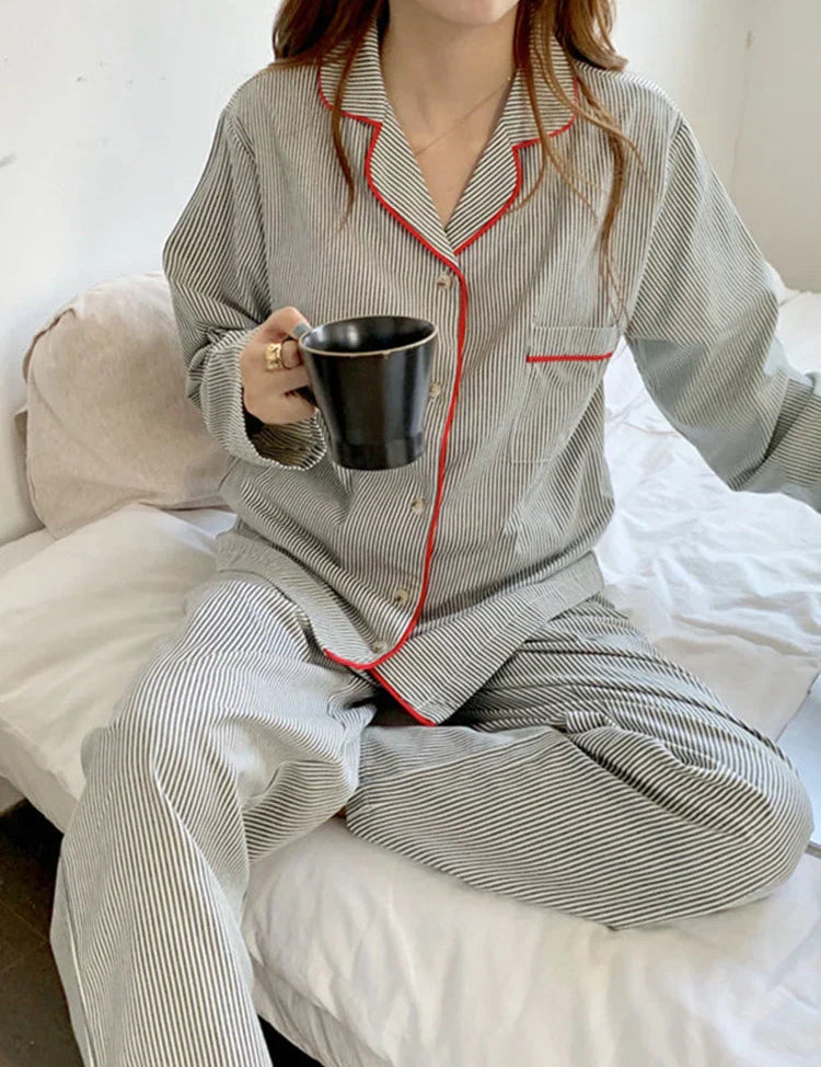 Women's Long Sleeve Stripe Print Pyjama Set Comfortable Lounge Wear 1