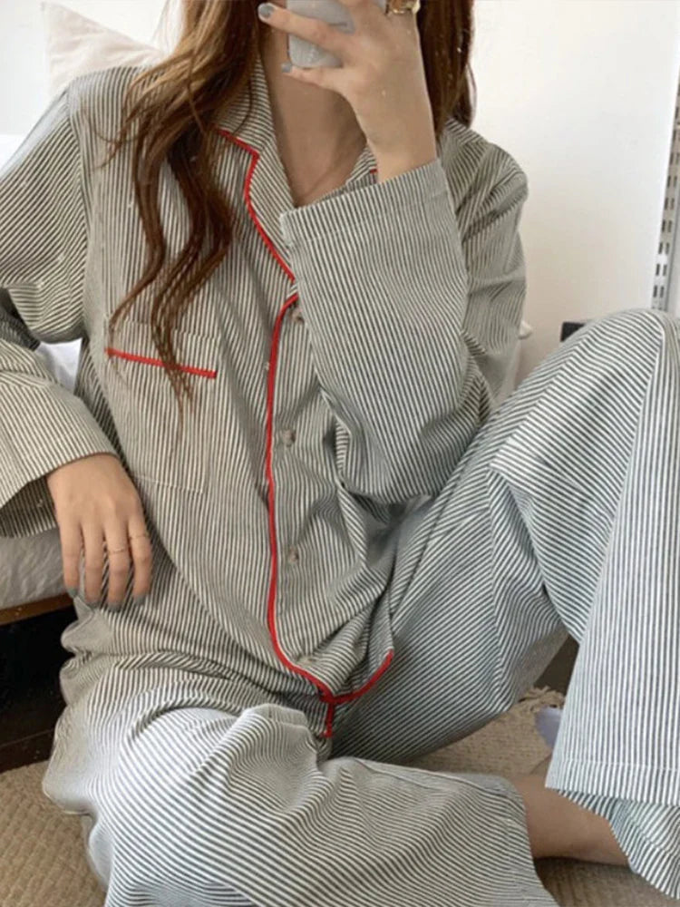 Women's Long Sleeve Stripe Print Pyjama Set Comfortable Lounge Wear 2