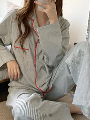 Women's Long Sleeve Stripe Print Pyjama Set Comfortable Lounge Wear 2