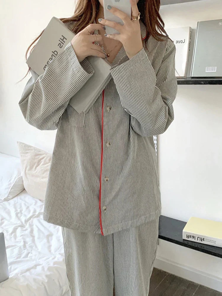 Women's Long Sleeve Stripe Print Pyjama Set Comfortable Lounge Wear 3