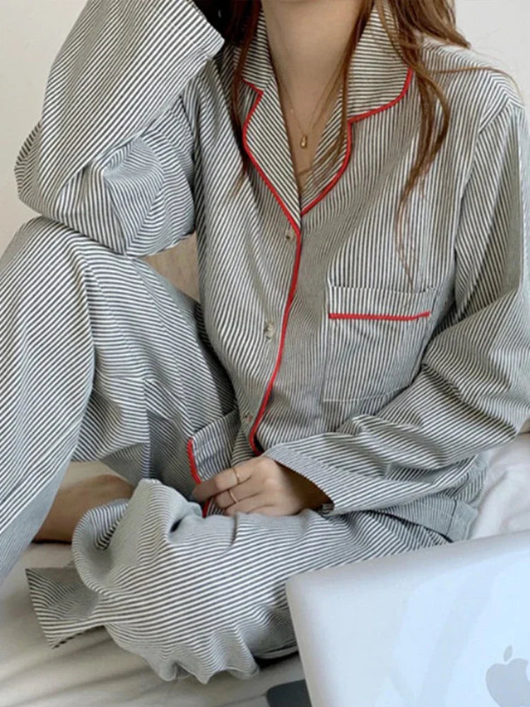 Women's Long Sleeve Stripe Print Pyjama Set Comfortable Lounge Wear 4