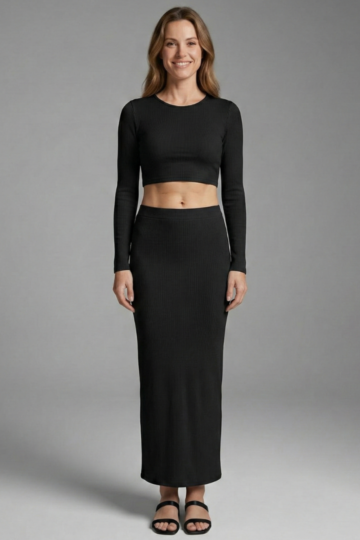 Women’s Long Sleeve Two Piece Set with Crop Top and Maxi Skirt 0