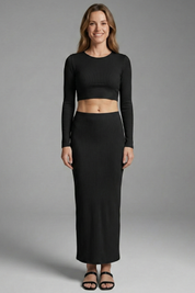 Women’s Long Sleeve Two Piece Set with Crop Top and Maxi Skirt 0
