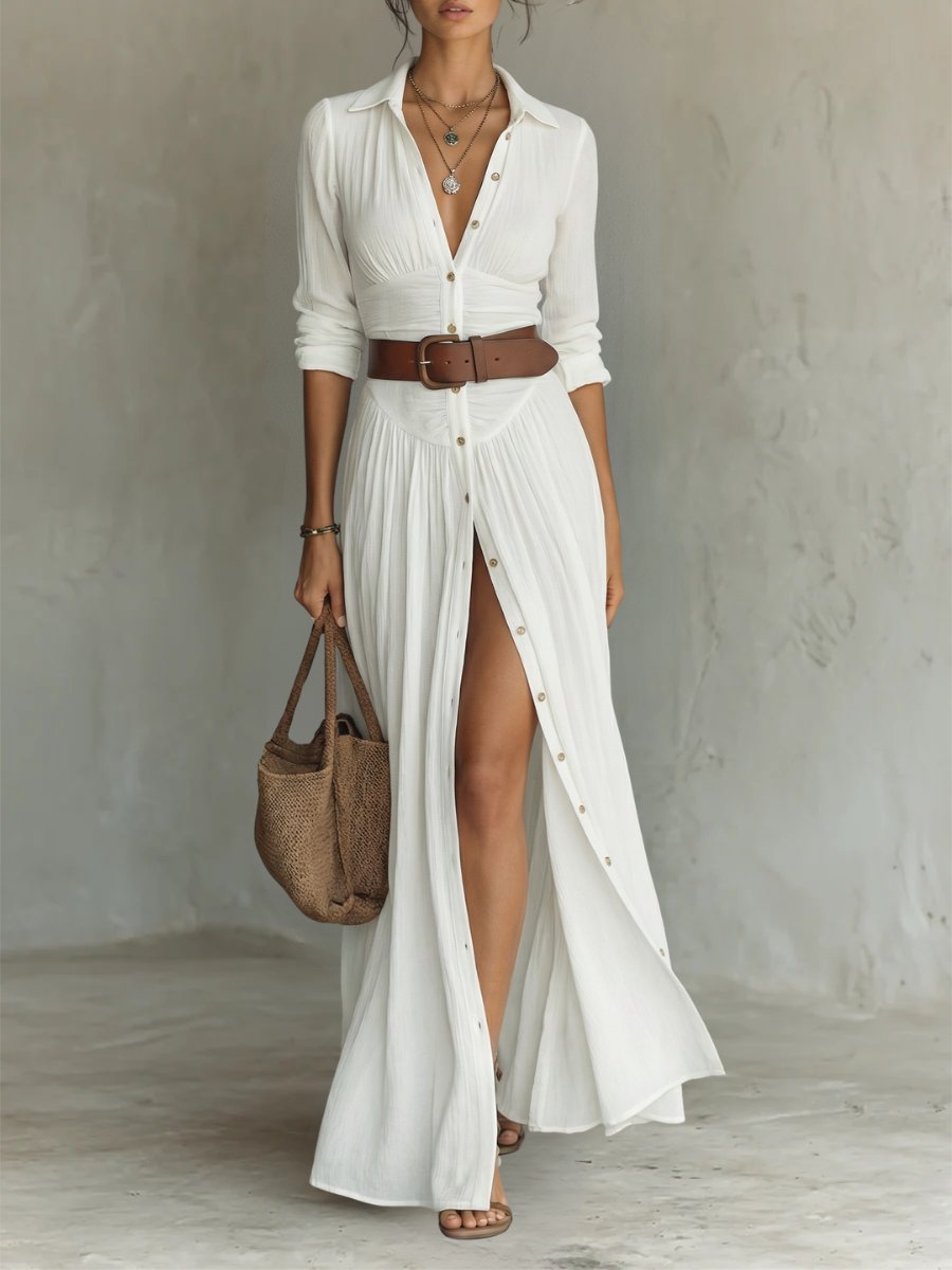 Women's Maxi Dress - Boho Summer Shirt Dress with Waist Belt & Button Placket for Effortless Style 0