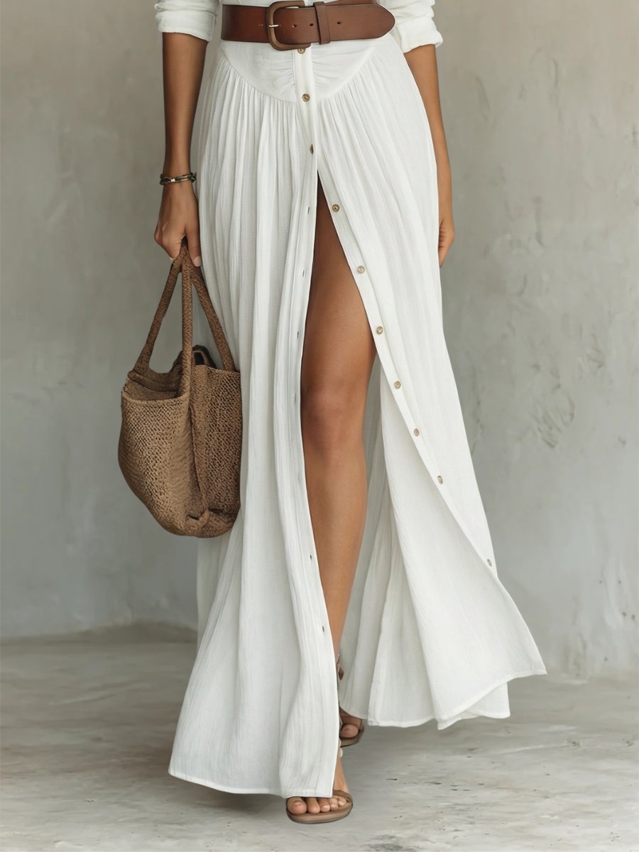 Women's Maxi Dress - Boho Summer Shirt Dress with Waist Belt & Button Placket for Effortless Style 1