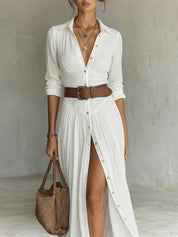 Women's Maxi Dress - Boho Summer Shirt Dress with Waist Belt & Button Placket for Effortless Style 2