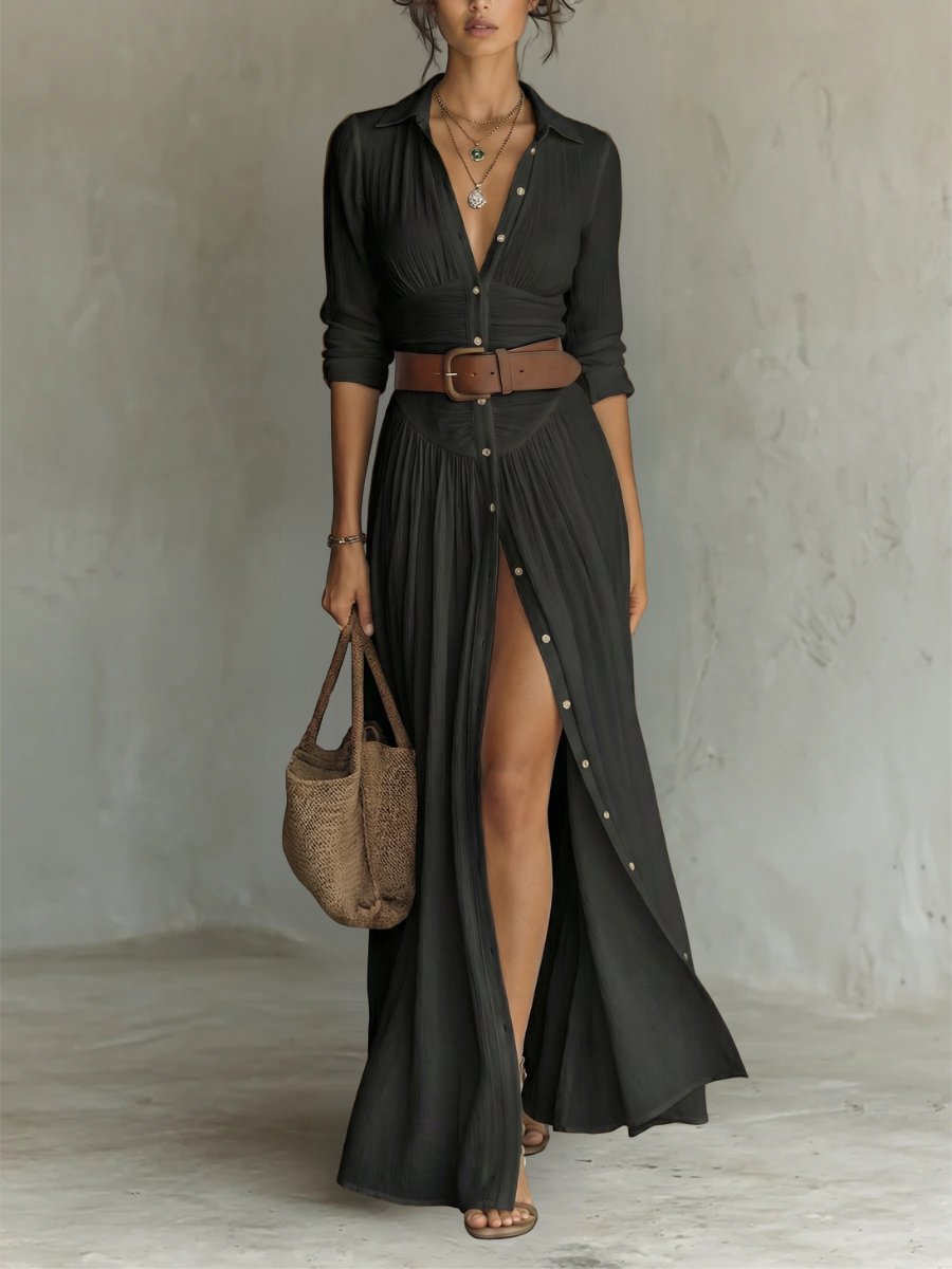 Women's Maxi Dress - Boho Summer Shirt Dress with Waist Belt & Button Placket for Effortless Style 3