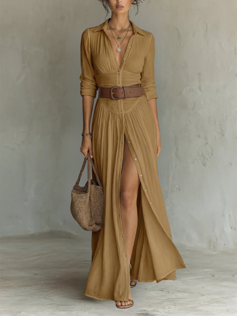 Women's Maxi Dress - Boho Summer Shirt Dress with Waist Belt & Button Placket for Effortless Style 5