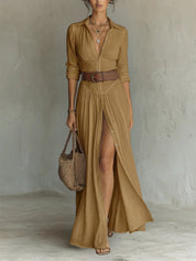 Women's Maxi Dress - Boho Summer Shirt Dress with Waist Belt & Button Placket for Effortless Style 5