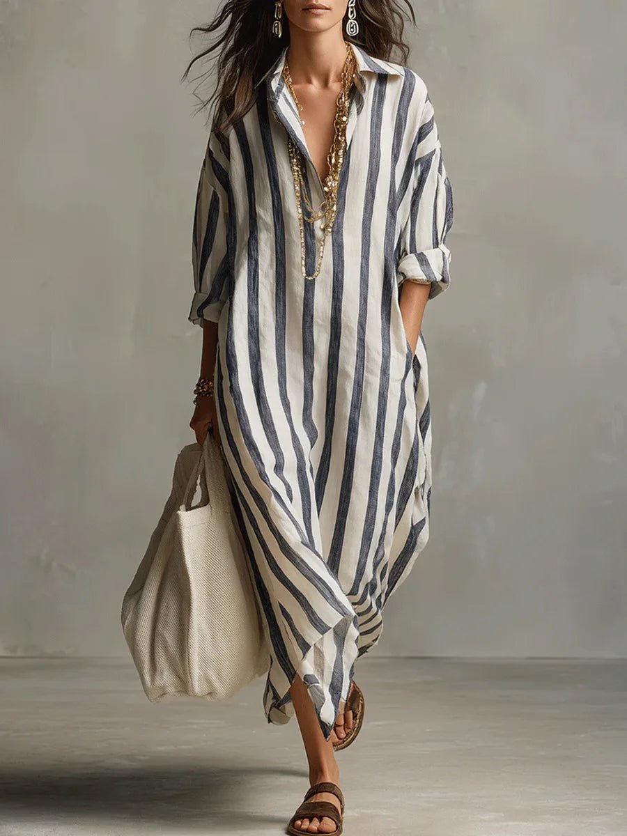 Women's Maxi Dress - Oversized Striped Summer Dress with Roll-Up Sleeves and Pockets 0