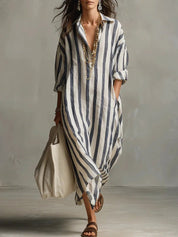 Women's Maxi Dress - Oversized Striped Summer Dress with Roll-Up Sleeves and Pockets 0