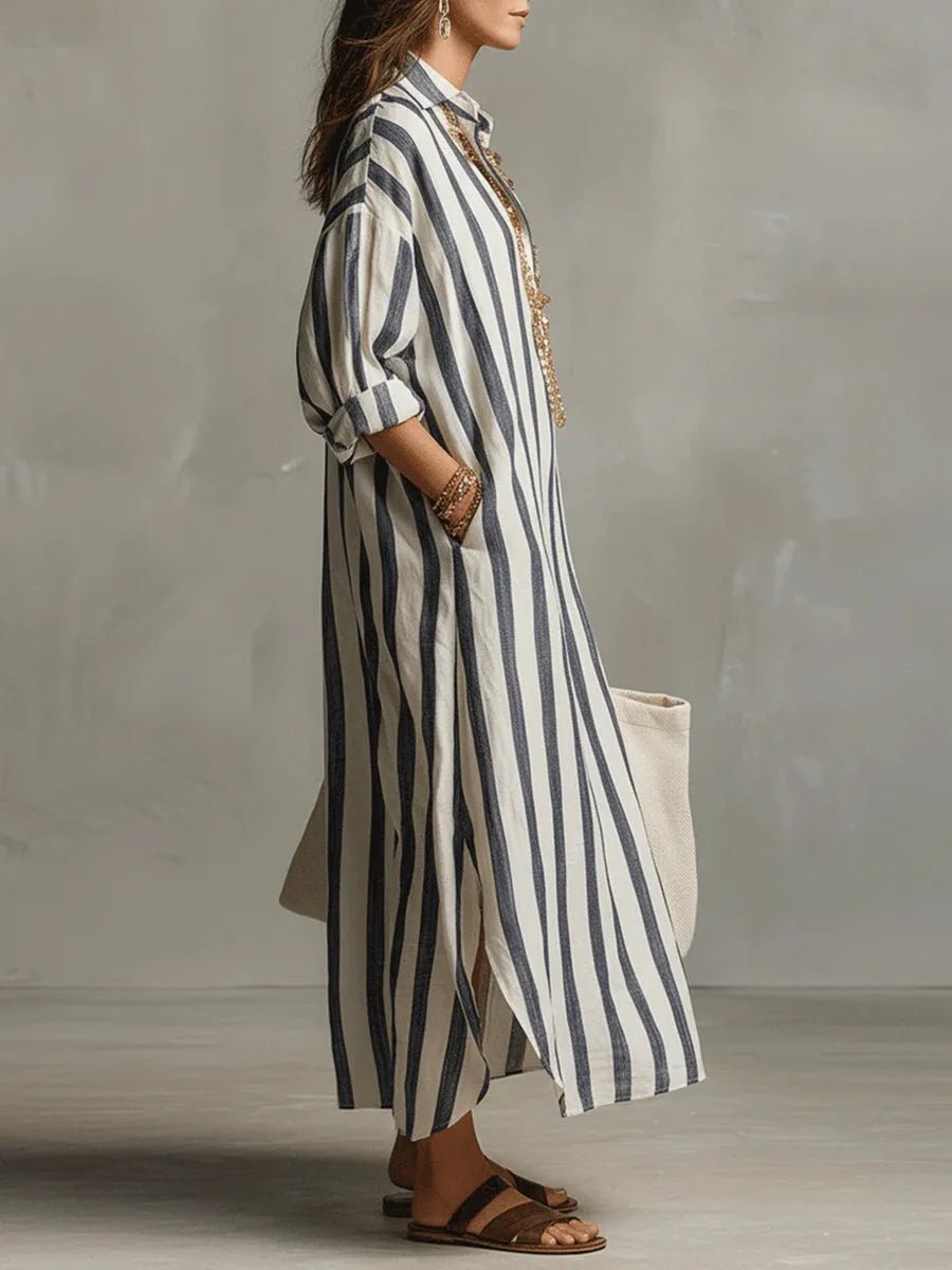 Women's Maxi Dress - Oversized Striped Summer Dress with Roll-Up Sleeves and Pockets 1