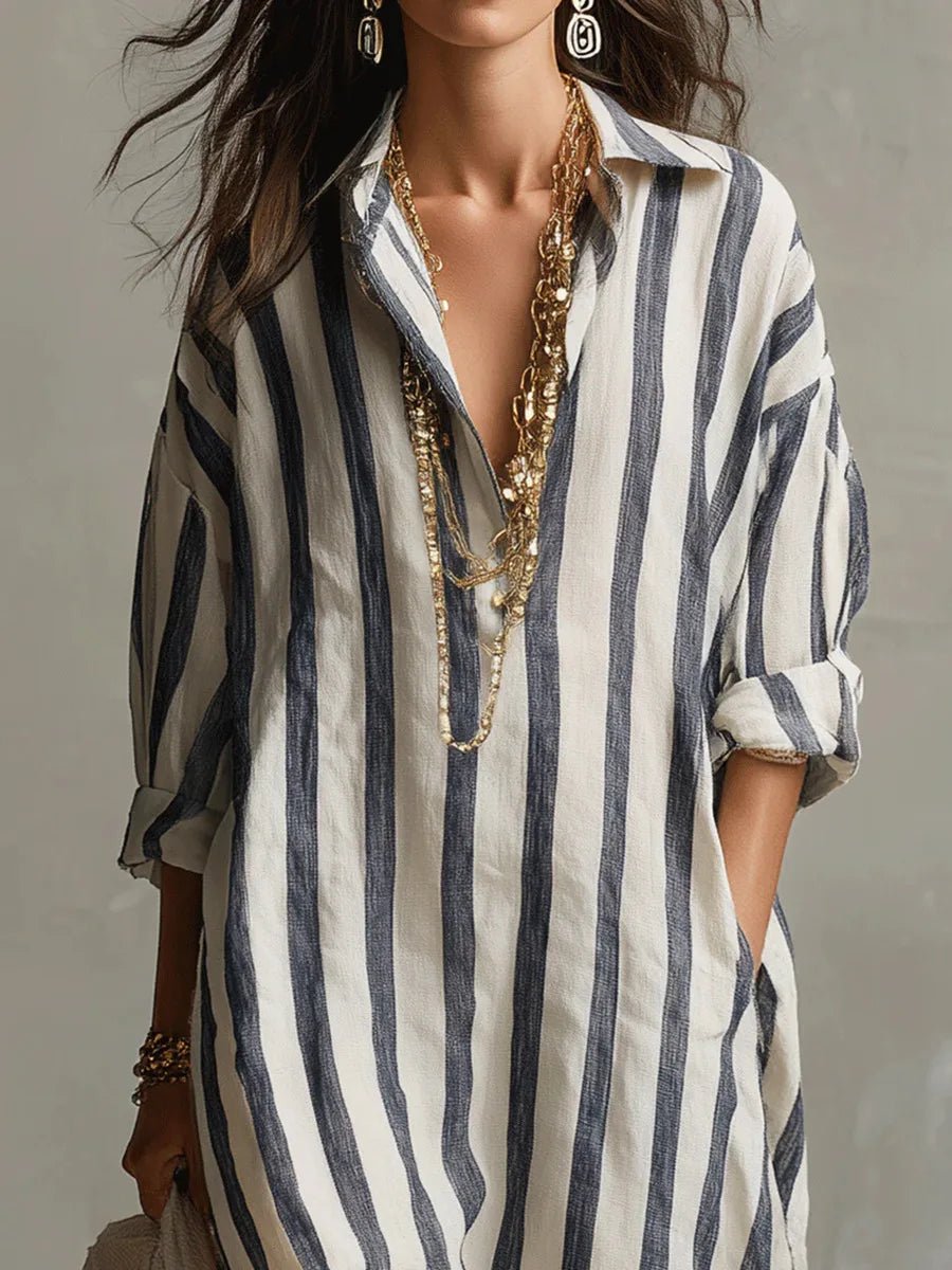 Women's Maxi Dress - Oversized Striped Summer Dress with Roll-Up Sleeves and Pockets 2