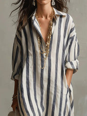 Women's Maxi Dress - Oversized Striped Summer Dress with Roll-Up Sleeves and Pockets 2
