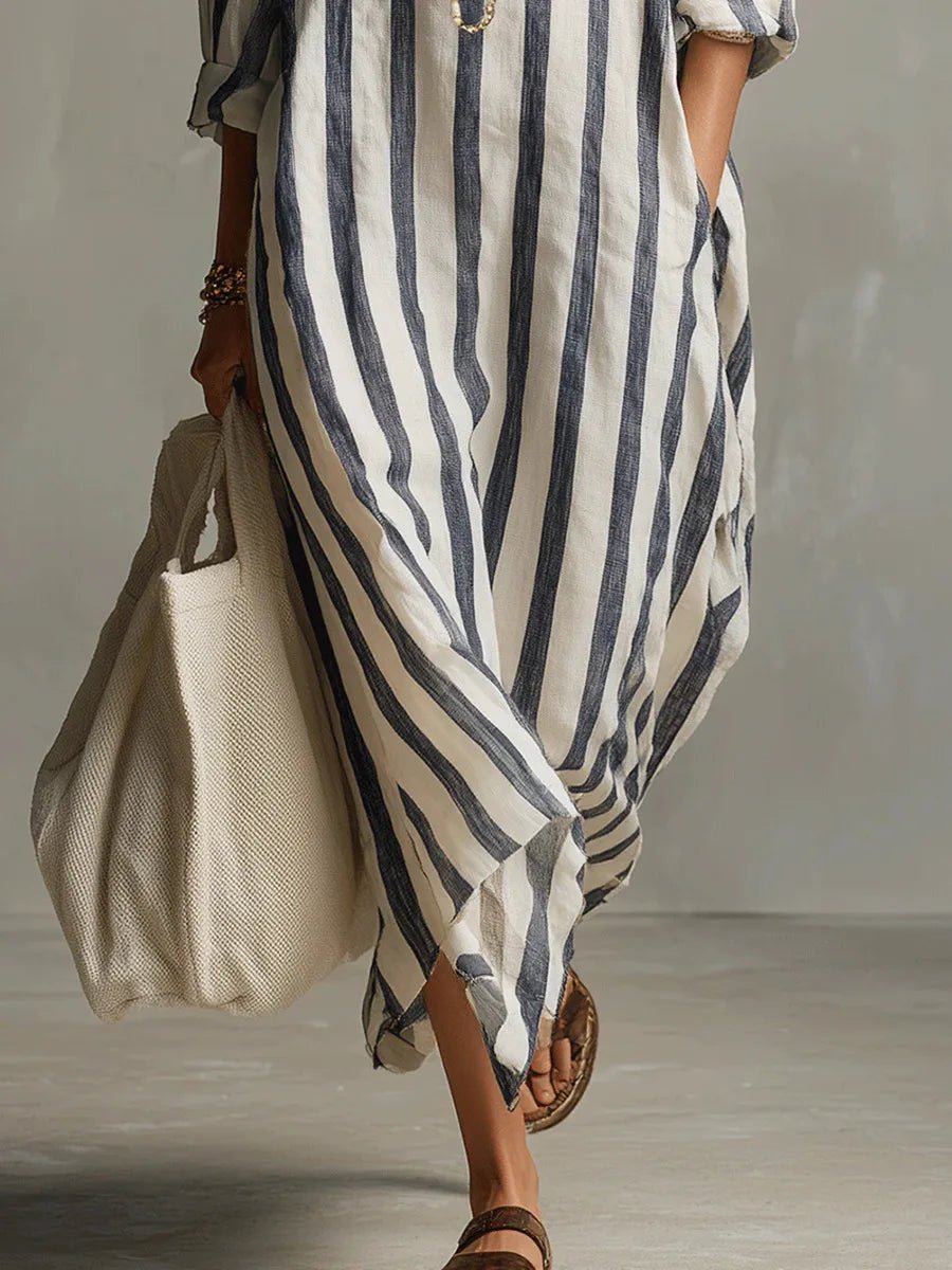 Women's Maxi Dress - Oversized Striped Summer Dress with Roll-Up Sleeves and Pockets 3