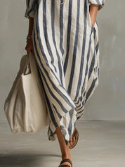 Women's Maxi Dress - Oversized Striped Summer Dress with Roll-Up Sleeves and Pockets 3