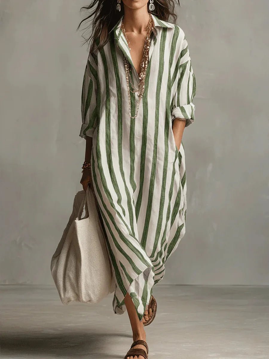 Women's Maxi Dress - Oversized Striped Summer Dress with Roll-Up Sleeves and Pockets 4