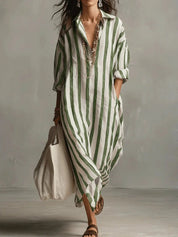 Women's Maxi Dress - Oversized Striped Summer Dress with Roll-Up Sleeves and Pockets 4