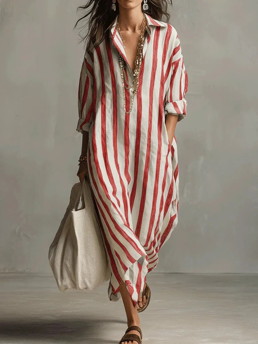 Women's Maxi Dress - Oversized Striped Summer Dress with Roll-Up Sleeves and Pockets 5