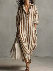 Women's Maxi Dress - Oversized Striped Summer Dress with Roll-Up Sleeves and Pockets 6