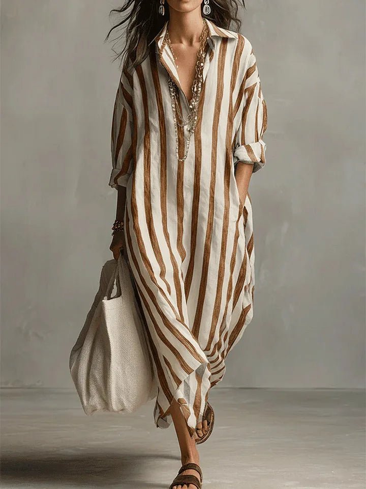 Women's Maxi Dress - Oversized Striped Summer Dress with Roll-Up Sleeves and Pockets 6