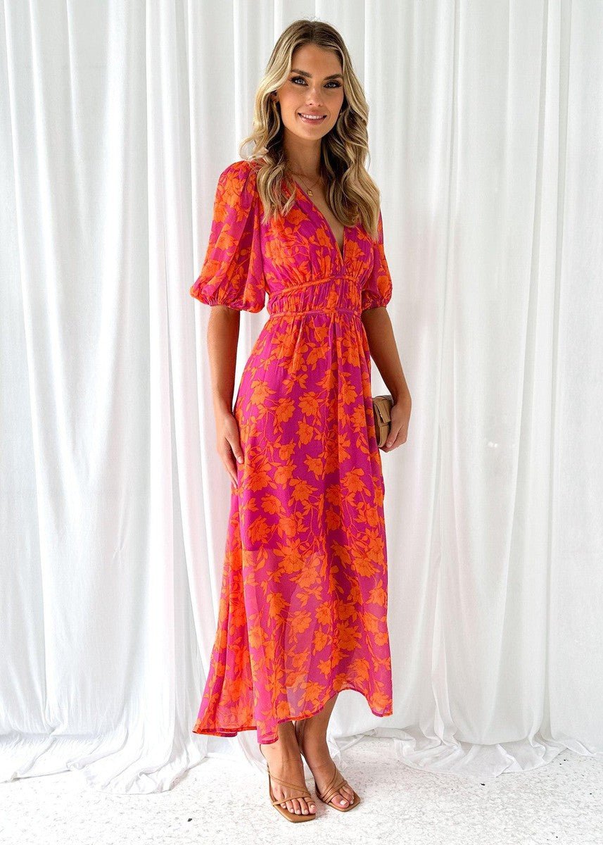 Women's Midi Dress with Puff Sleeves V-Neck Floral Print Summer Dress 1