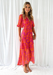 Women's Midi Dress with Puff Sleeves V-Neck Floral Print Summer Dress 1