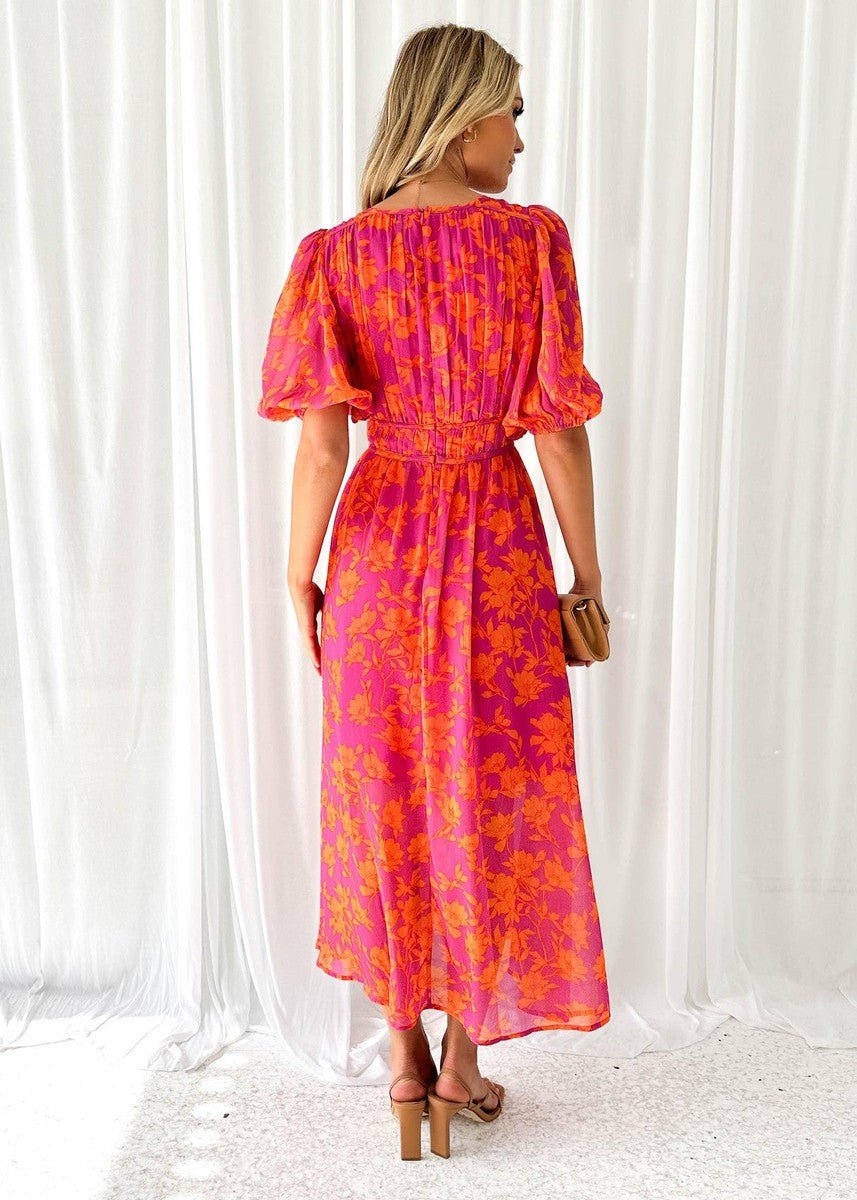 Women's Midi Dress with Puff Sleeves V-Neck Floral Print Summer Dress 2