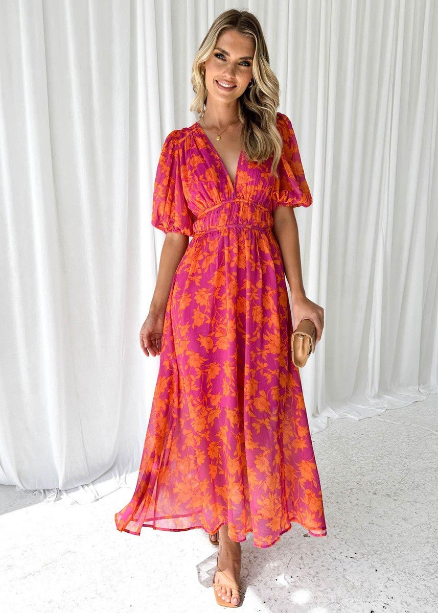 Women's Midi Dress with Puff Sleeves V-Neck Floral Print Summer Dress 3