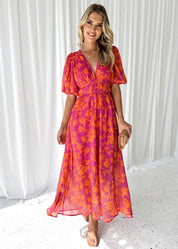 Women's Midi Dress with Puff Sleeves V-Neck Floral Print Summer Dress 3