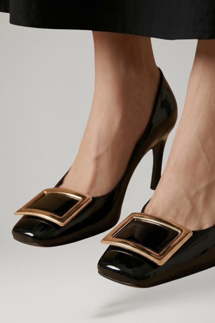 Women's Orthopedic Heeled Sandals with Square Toe and Arch Support Metallic Accent 3