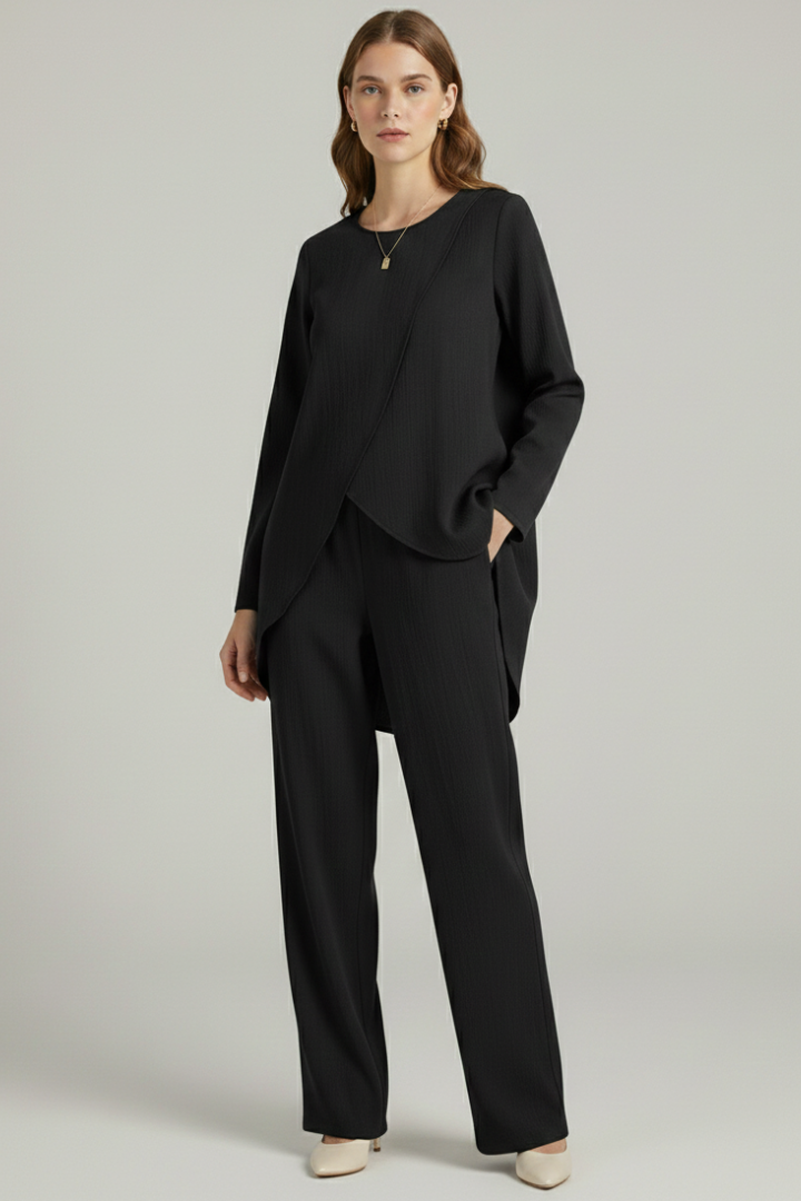 Women's Outfit: Long Sleeve Shirt & Straight Leg Trousers Set for Elegant Casual Wear 0