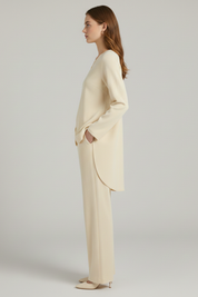 Women's Outfit: Long Sleeve Shirt & Straight Leg Trousers Set for Elegant Casual Wear 3
