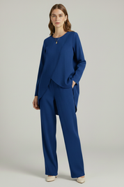 Women's Outfit: Long Sleeve Shirt & Straight Leg Trousers Set for Elegant Casual Wear 6