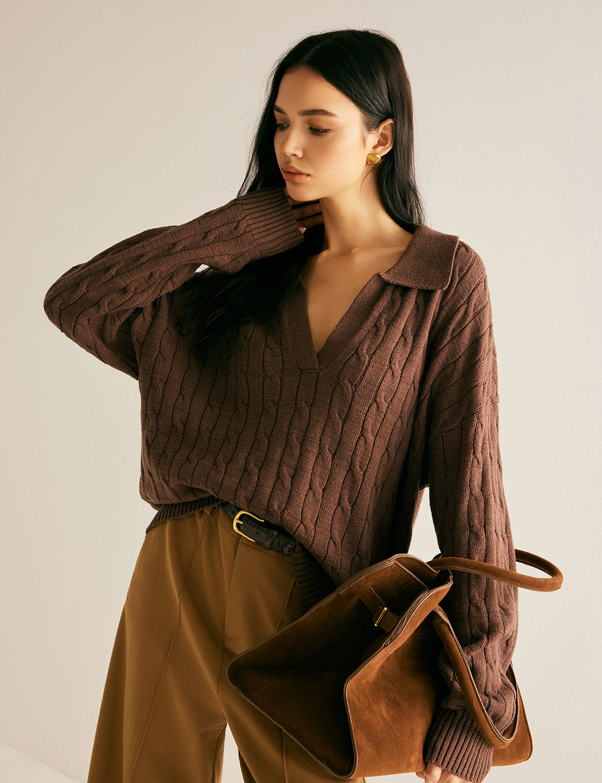 Women's Oversized Cable Knit Jumper with Collared V-Neck Sweater 0