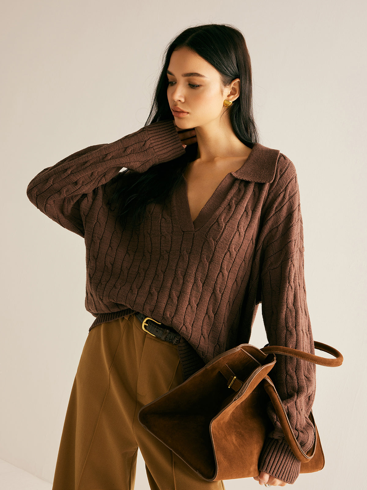 Women's Oversized Cable Knit Jumper with Collared V-Neck Sweater 0