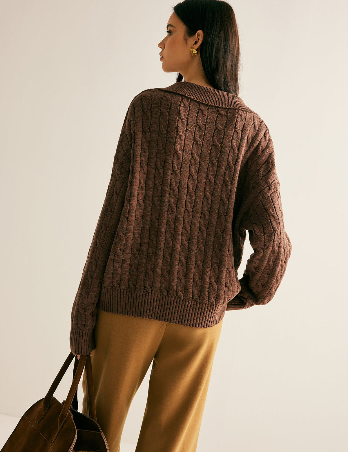 Women's Oversized Cable Knit Jumper with Collared V-Neck Sweater 1
