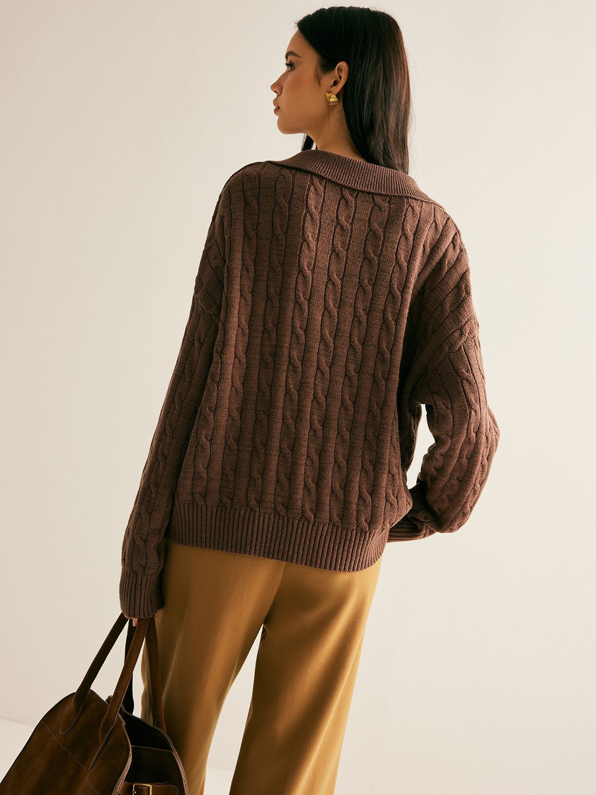 Women's Oversized Cable Knit Jumper with Collared V-Neck Sweater 1