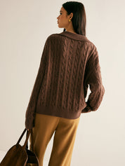 Women's Oversized Cable Knit Jumper with Collared V-Neck Sweater 1
