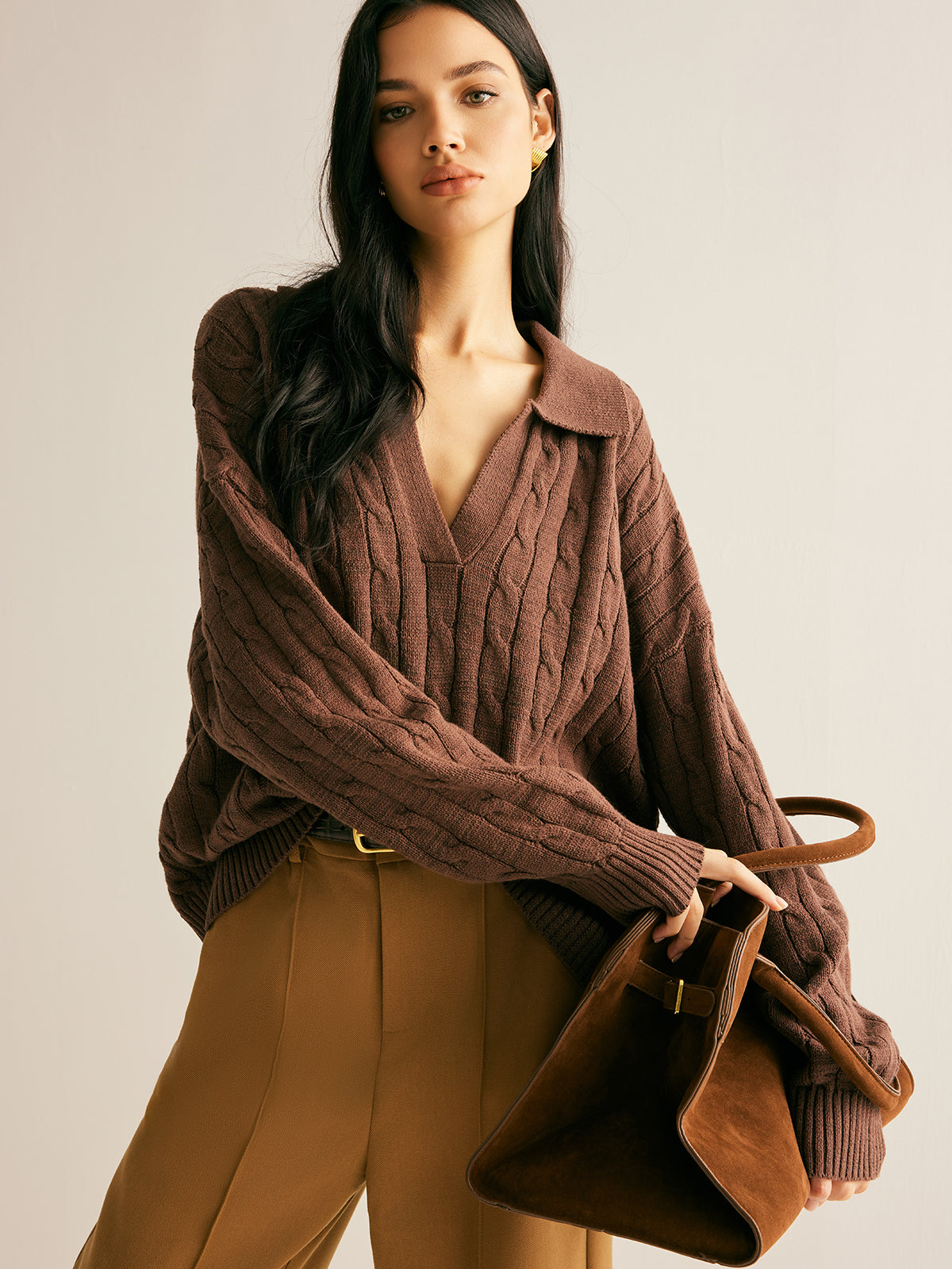 Women's Oversized Cable Knit Jumper with Collared V-Neck Sweater 2