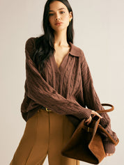 Women's Oversized Cable Knit Jumper with Collared V-Neck Sweater 2