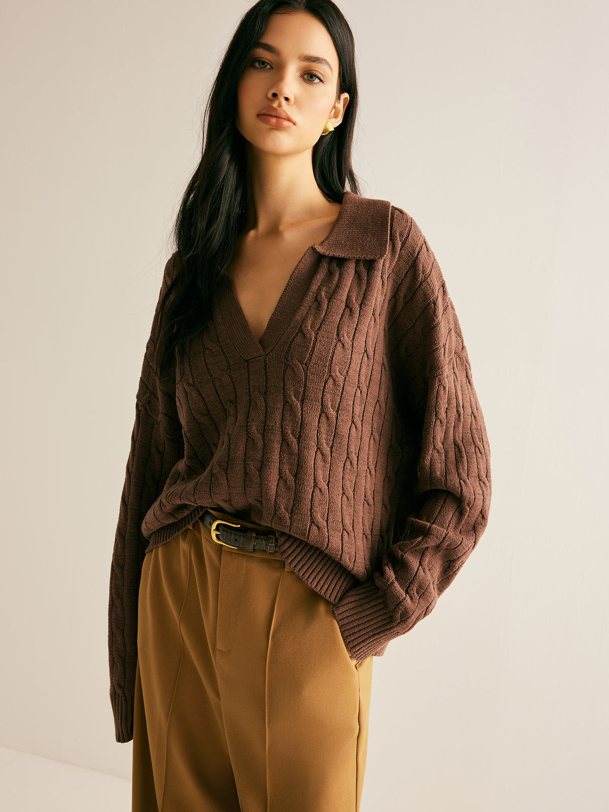 Women's Oversized Cable Knit Jumper with Collared V-Neck Sweater 3