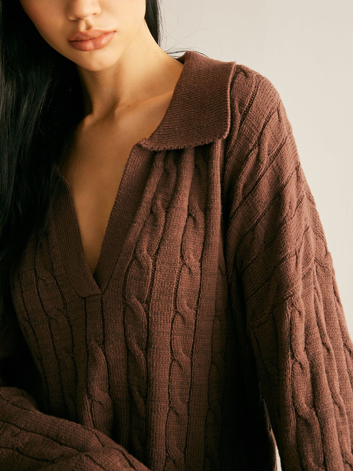 Women's Oversized Cable Knit Jumper with Collared V-Neck Sweater 4
