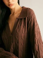 Women's Oversized Cable Knit Jumper with Collared V-Neck Sweater 4