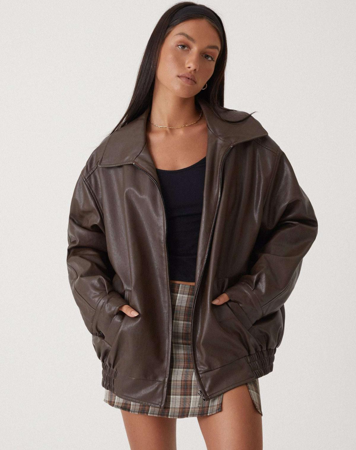 Women's Oversized Leather Jacket - Stylish Bomber Coat for Effortless Modern Looks 0