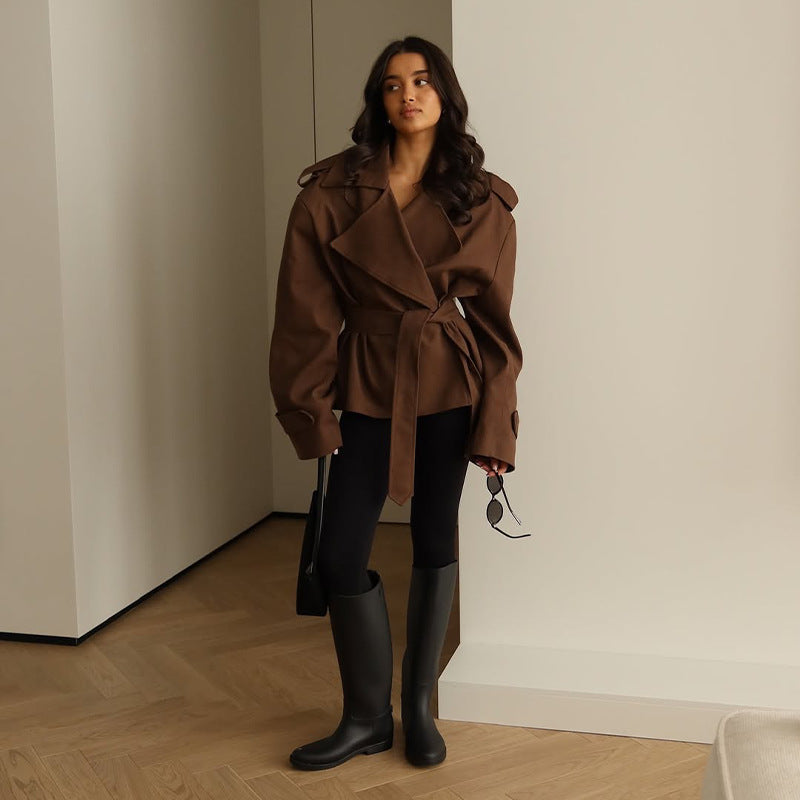 Women's Oversized Trench Coat with Self Tie Belt and Draped Lapel - Stylish Women's Coat for Transitional Weather 1