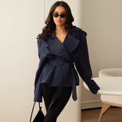 Women's Oversized Trench Coat with Self Tie Belt and Draped Lapel - Stylish Women's Coat for Transitional Weather 4