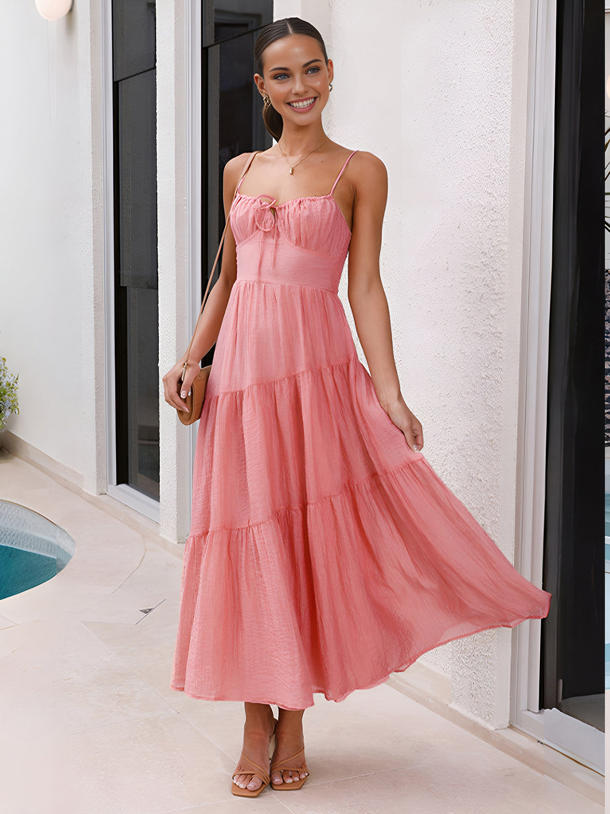 Women's Pink Maxi Dress - Summer Dresses with Elegant Tiered Skirt for Effortless Style 3