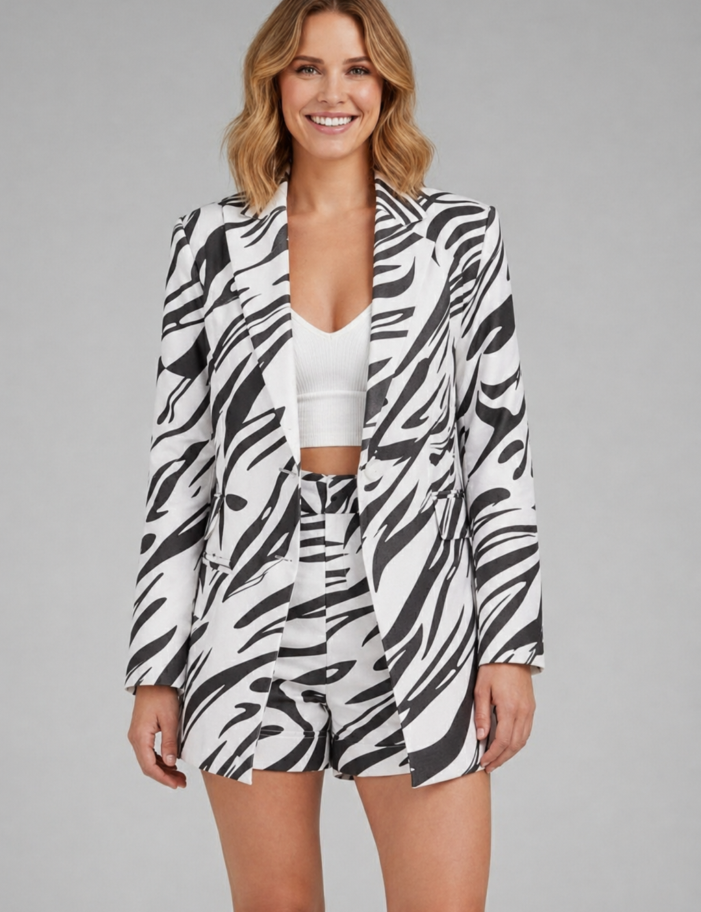 Women’s Printed Blazer Set with Open Front and High Waist Shorts 0